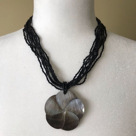 Multi-Strand Beaded Necklace with Shell Pendant - Picture 1 of 3